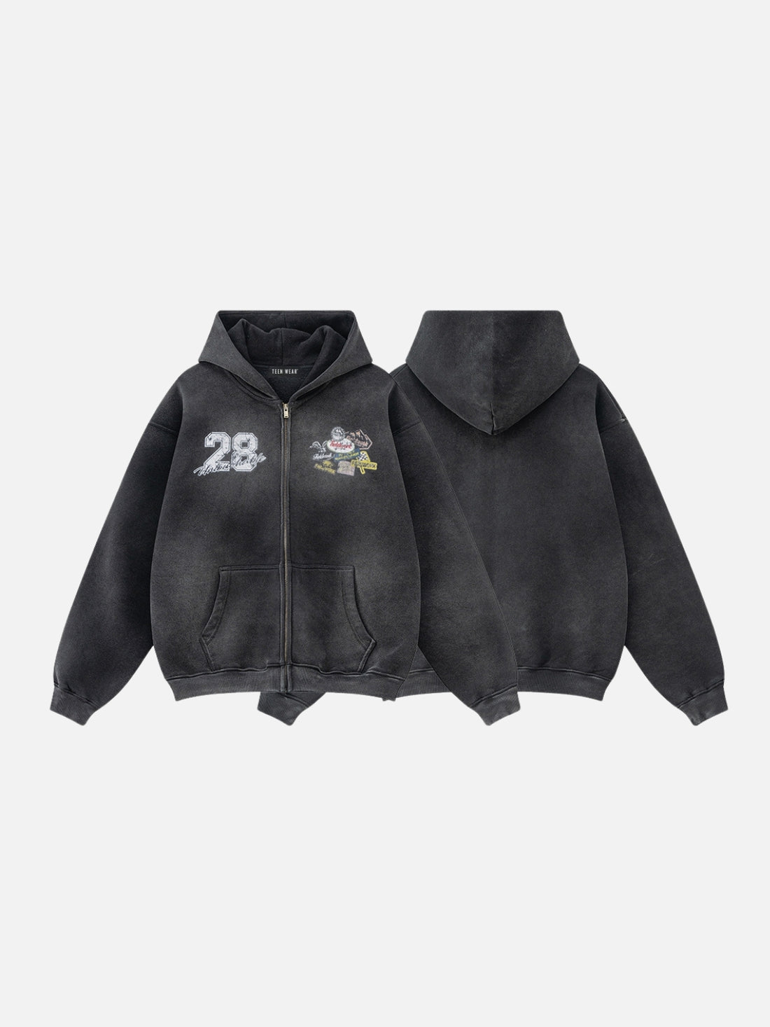 PATCHRACE - Oversized Graphic Zip Up Hoodie Washed Black | Teenwear.eu