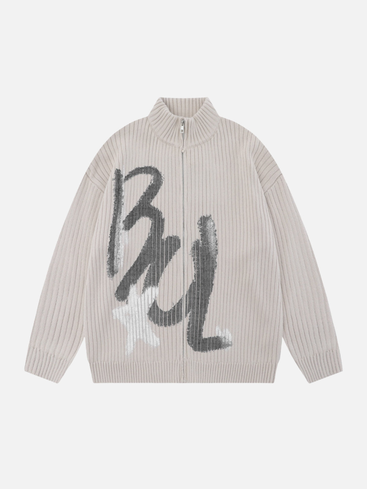 BU STAR - Oversized Graphic Zip Up Sweater Beige | Teenwear.eu