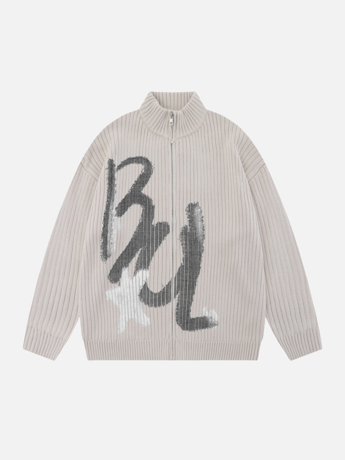 BU STAR - Oversized Graphic Zip Up Sweater Beige | Teenwear.eu