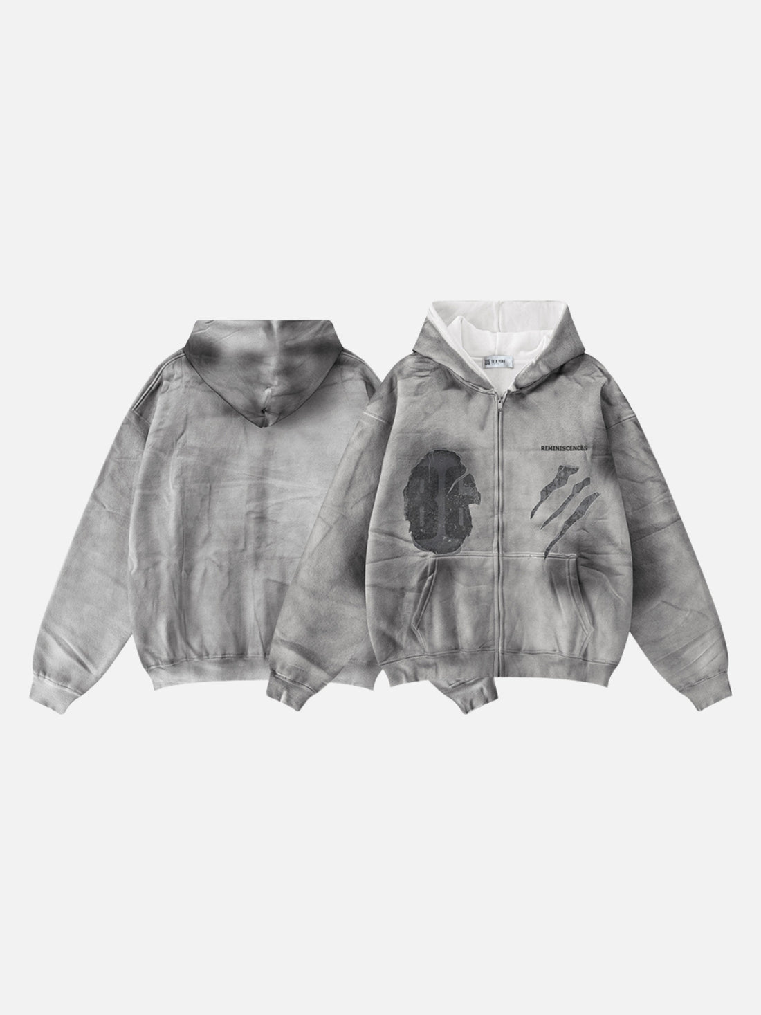 REMINI - Oversized Print Zip Up Hoodie Washed Grey | Teenwear.eu