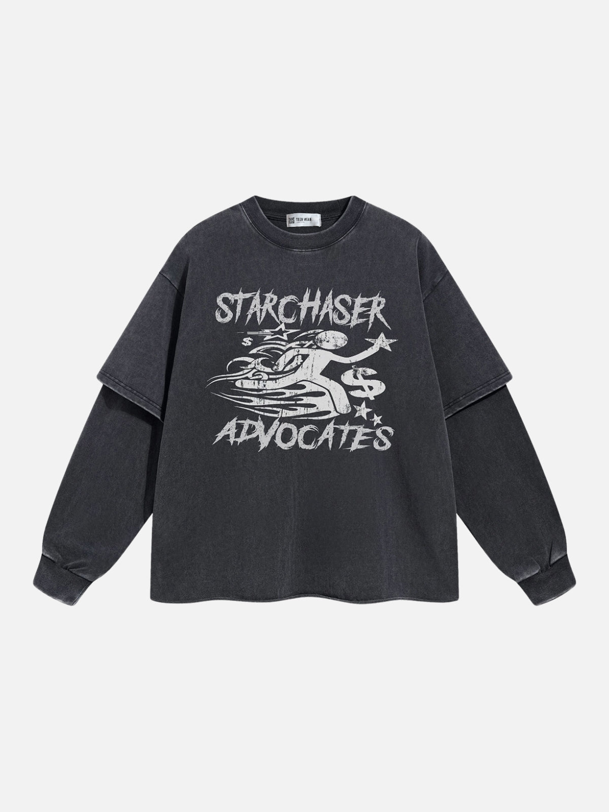 STARCHASER - Oversized Print Long Sleeved T-Shirt Washed Black | Teenwear.eu