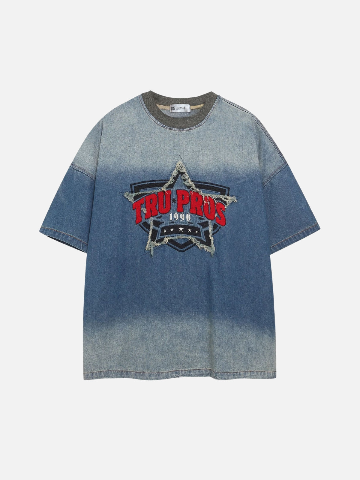 TRU PROS - Oversized Denim Embroidered T-Shirt Blue | Teenwear.eu