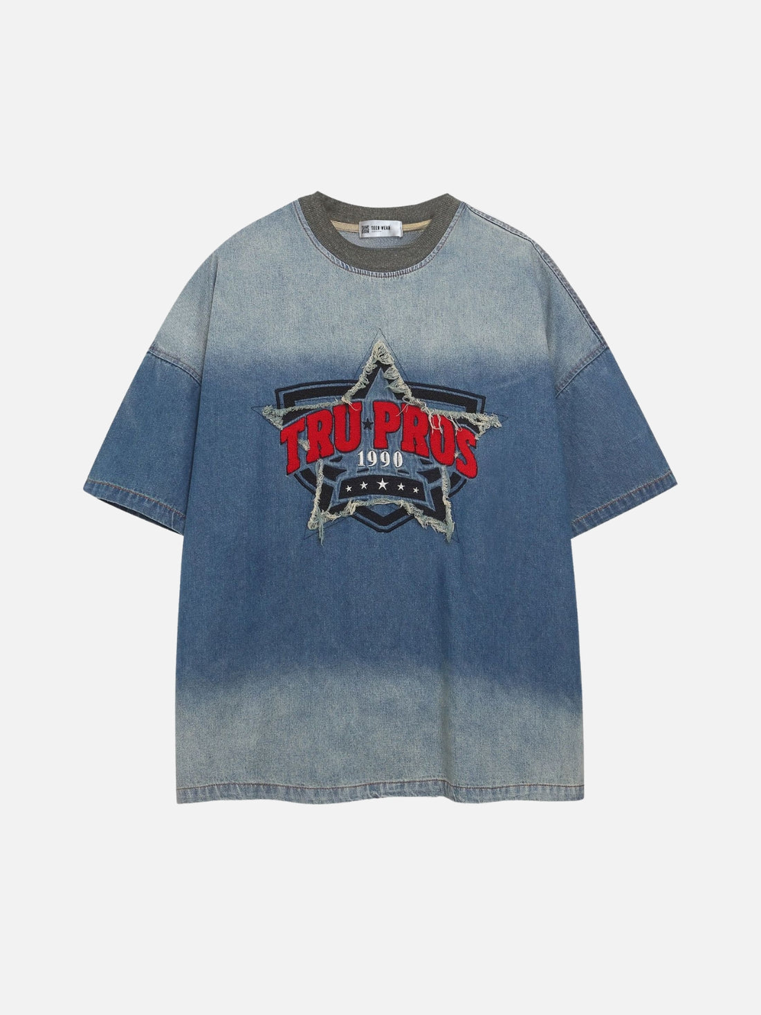 TRU PROS - Oversized Denim Embroidered T-Shirt Blue | Teenwear.eu